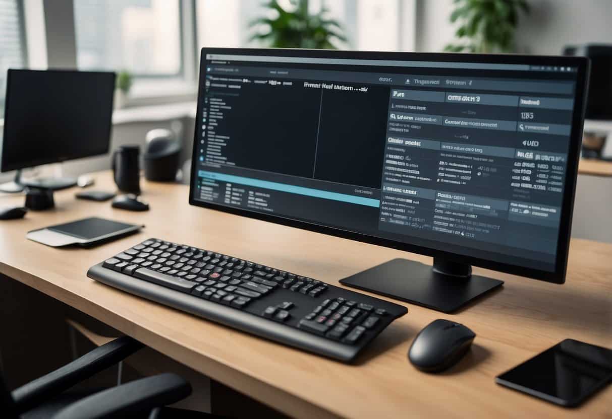 A computer screen with a keyboard and mouse, surrounded by a tidy desk and office supplies. The screen displays the captioning job listing from Vitac 15