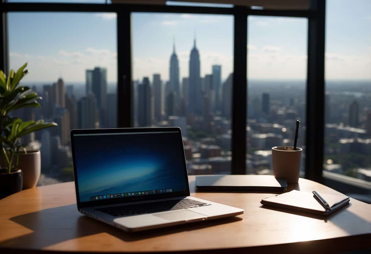 A desk with a laptop, notebook, and pen. A cozy workspace with a view of nature or a city skyline. Comfortable chair and good lighting