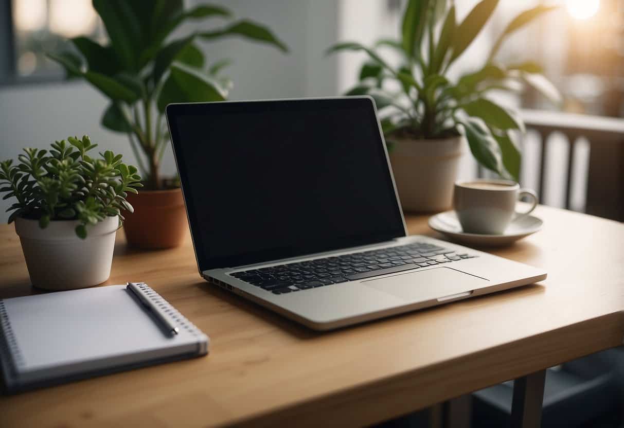 A clutter-free desk with a laptop, notebook, and pen. A mug of coffee and a plant add a cozy touch. The scene suggests productivity and creativity