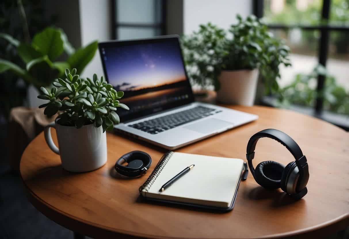 A clutter-free desk with a laptop, notebook, and pen. A plant sits nearby, adding a touch of greenery. A mug of coffee and a pair of headphones complete the scene