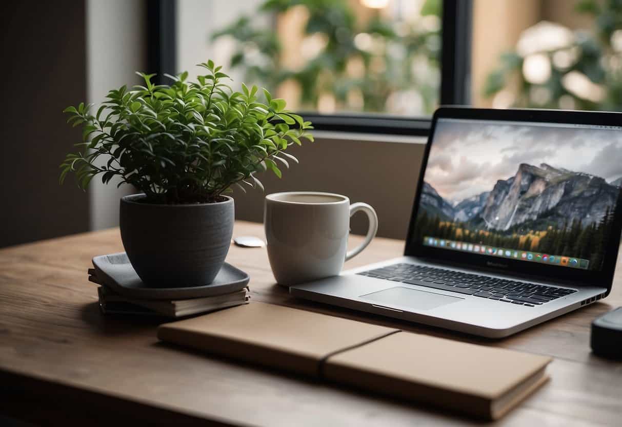 A laptop surrounded by various items symbolizing different side hustles, such as a paintbrush for freelance art, a cookbook for food blogging, and a stack of books for affiliate marketing