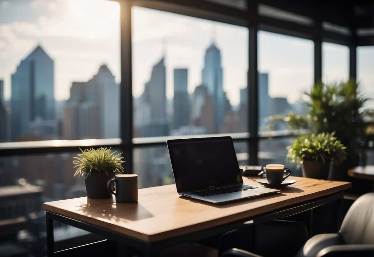 A bustling city skyline with various remote work settings, such as coffee shops and home offices, showcasing the flexibility and diversity of freelance work