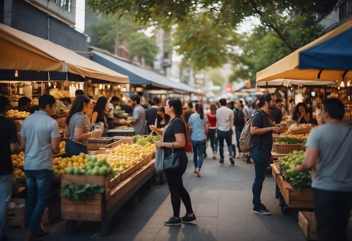 A bustling digital marketplace with diverse freelancers and clients connecting and collaborating on various projects