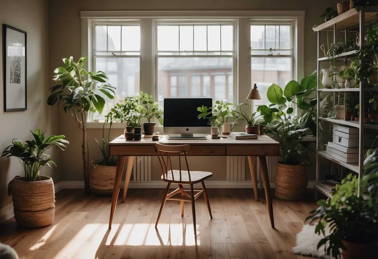 A cozy home office with a modern desk, laptop, and plants. Natural light streams in through a window, creating a calm and focused atmosphere