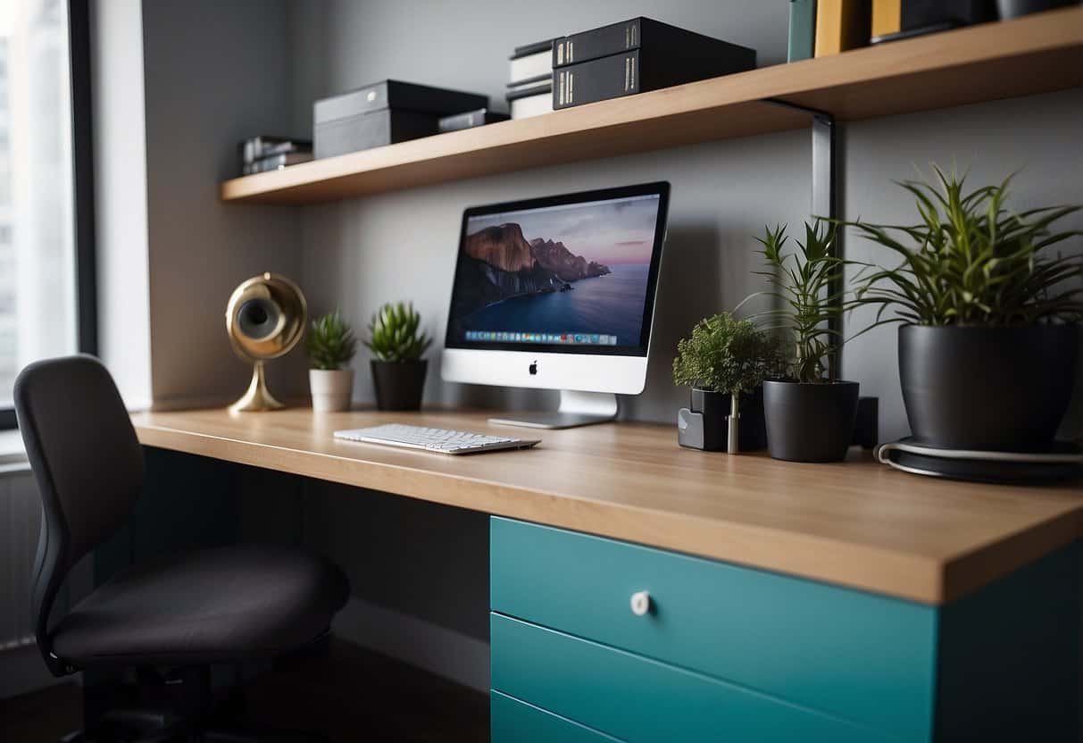 A small, tidy desk with minimal decor and efficient storage solutions. Bright colors and functional accessories create a stylish and productive work space