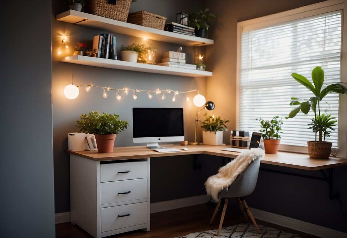 A cozy home office with a compact desk, wall-mounted shelves, potted plants, decorative lighting, colorful throw pillows, a bulletin board, and a stylish rug