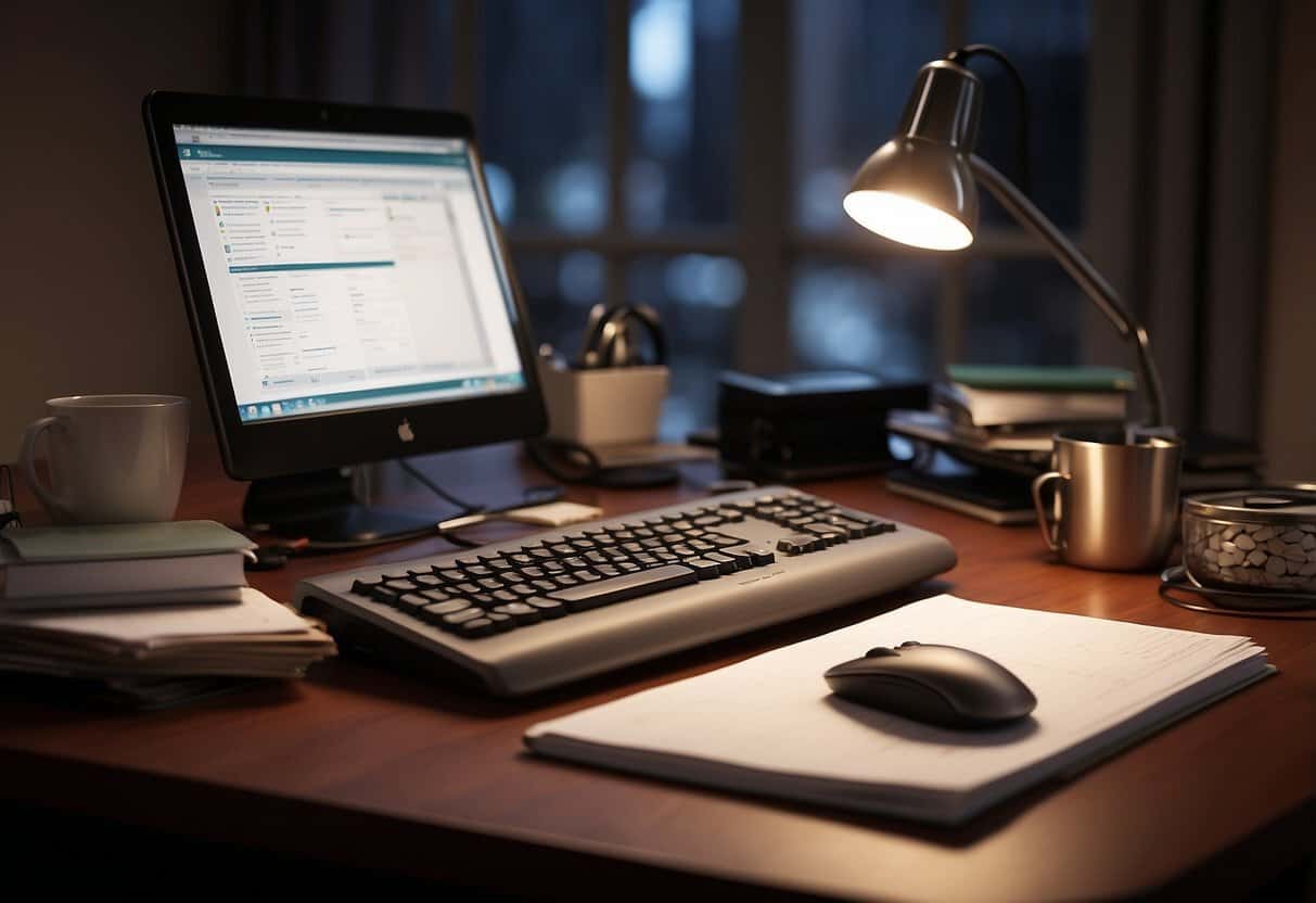 A cluttered desk with a computer, keyboard, and mouse. A stack of papers and files alongside a notepad and pen. A mug of coffee and a desk lamp