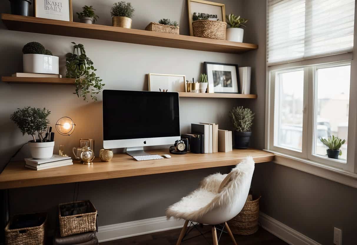 A small home office with floating shelves displaying various decor items and books. The space is cozy and functional, with a mix of modern and vintage elements