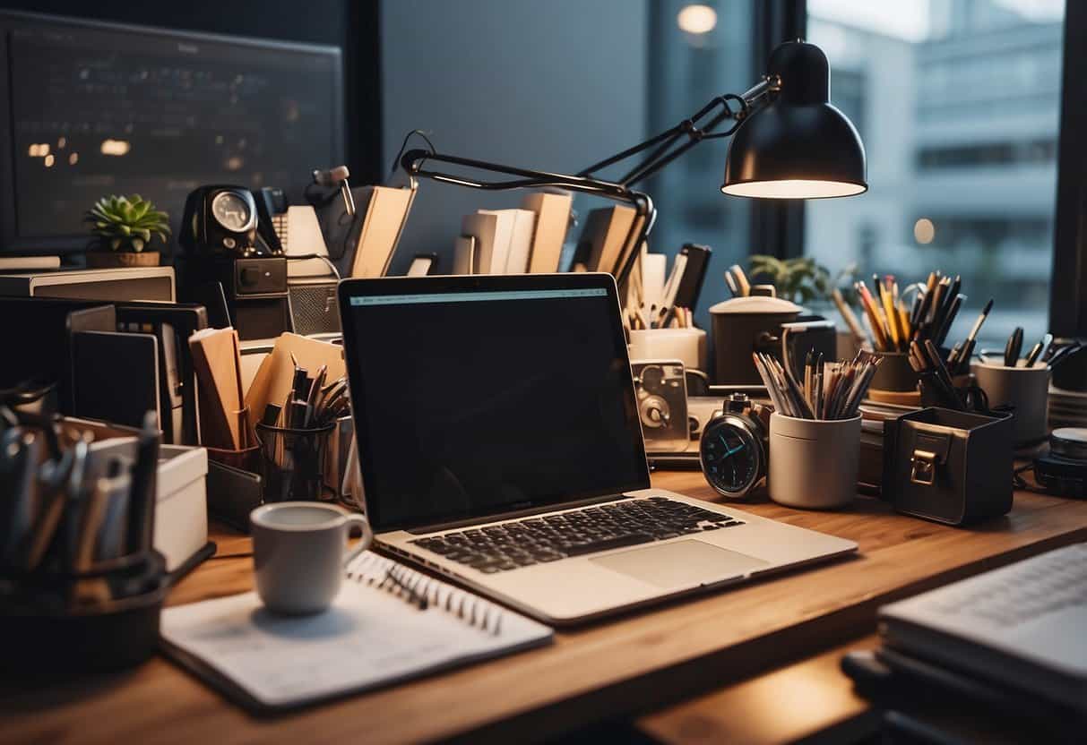 A cluttered desk with various storage solutions underneath. Decorative items and office supplies are neatly organized in the compact space