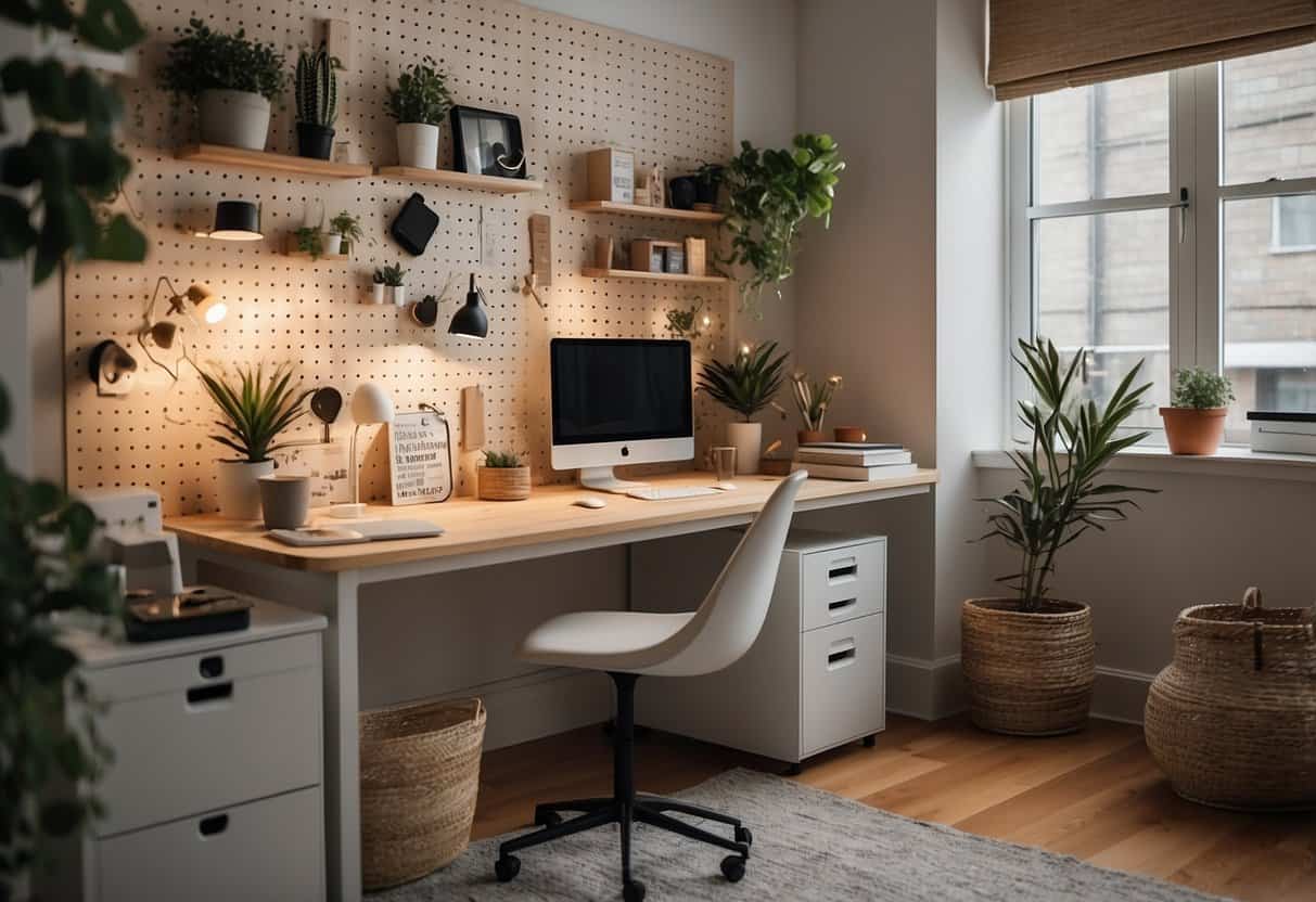 A small home office with a pegboard system displaying 12 decorating ideas for small spaces on a budget