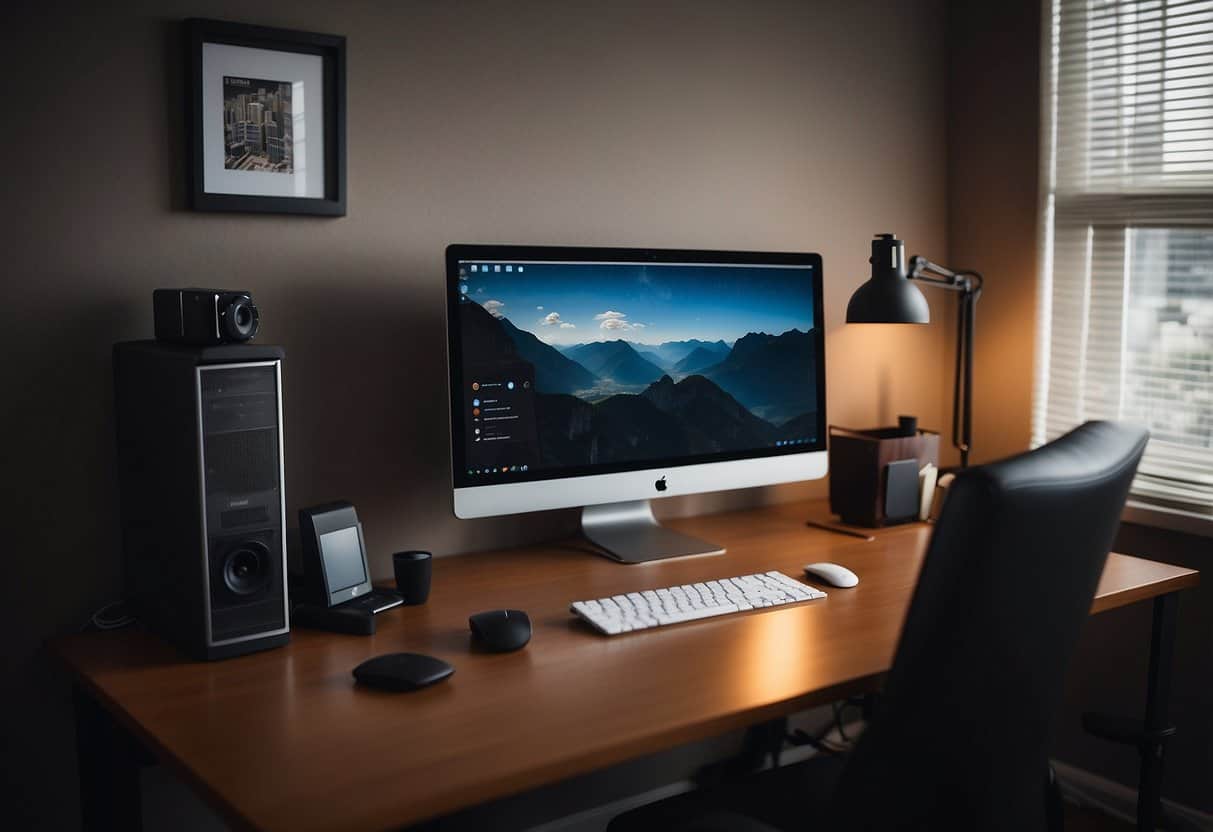 A small home office with a cable management box, desk, chair, and decor. Limited space but organized and budget-friendly