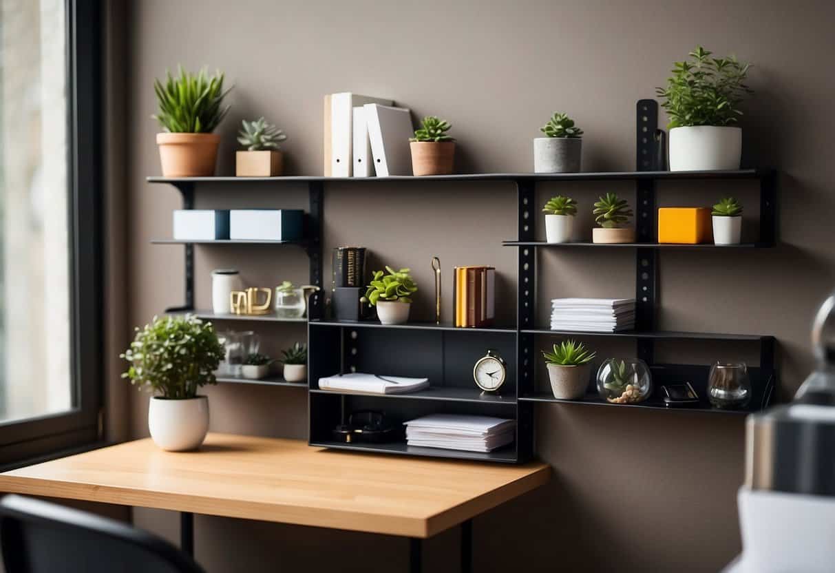 A wall-mounted organizer with shelves and hooks, holding office supplies and small decor items. Compact and functional, perfect for small spaces