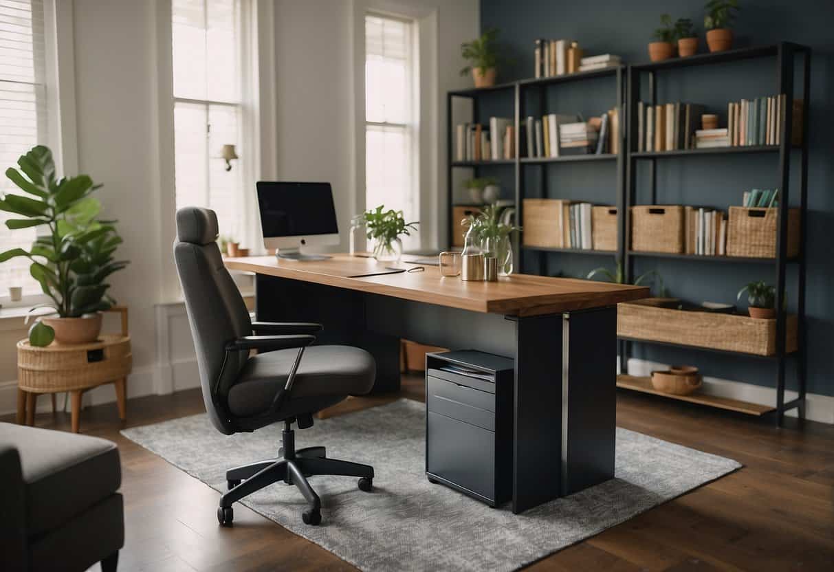 A compact desk transforms into a dining table, while a storage ottoman doubles as a filing cabinet. A bookshelf seamlessly converts into a standing desk. The room is filled with versatile, space-saving furniture