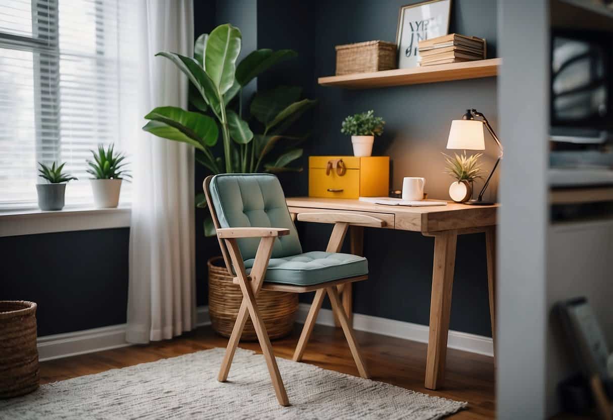 A small, foldable chair sits in a cozy home office, surrounded by budget-friendly decor for small spaces