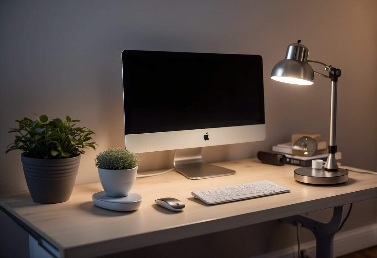 A desk lamp with built-in USB ports illuminates a clutter-free home office space. The compact area features 12 budget-friendly decorating ideas for small spaces