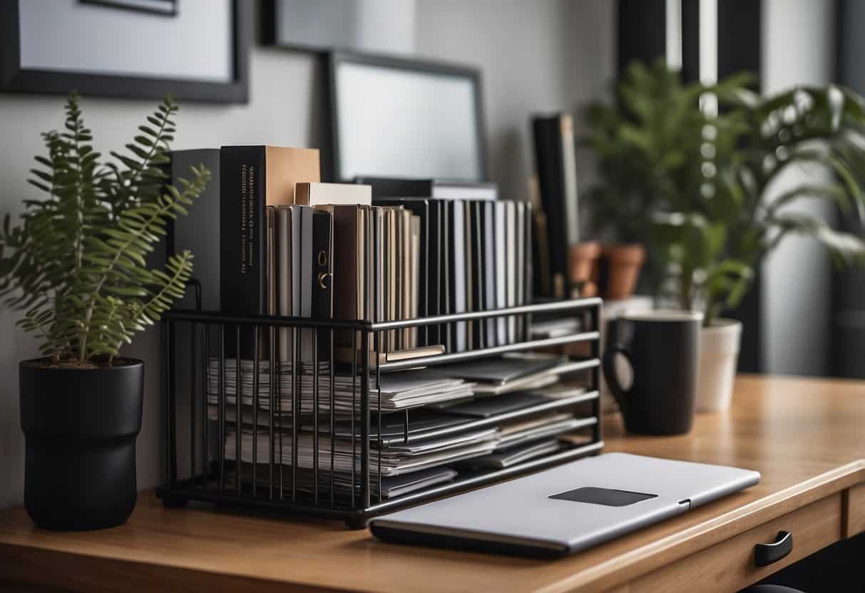 A vertical file organizer sits on a desk, surrounded by 12 home office decorating ideas on a budget for small spaces