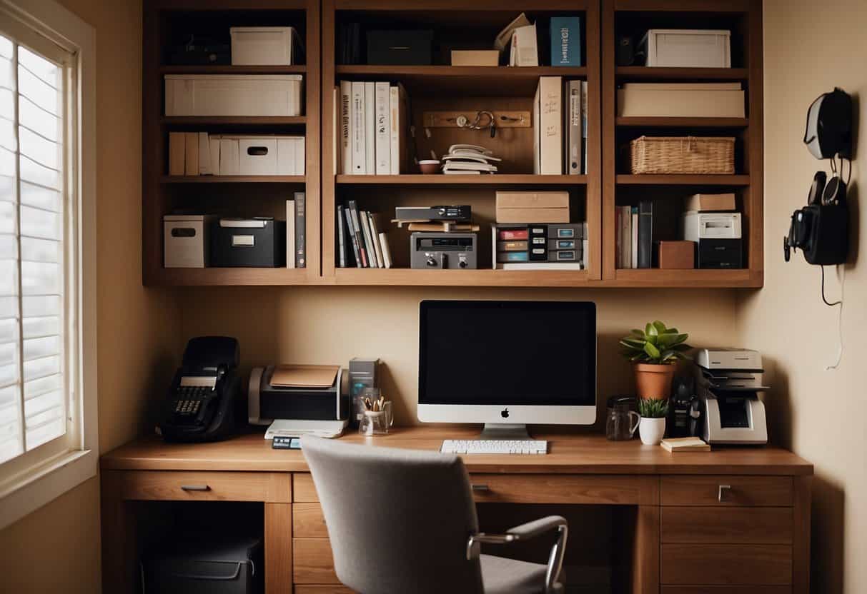 A small home office with a cluttered desk and shelves. Over-the-door hooks hold various items. Limited space but organized and functional