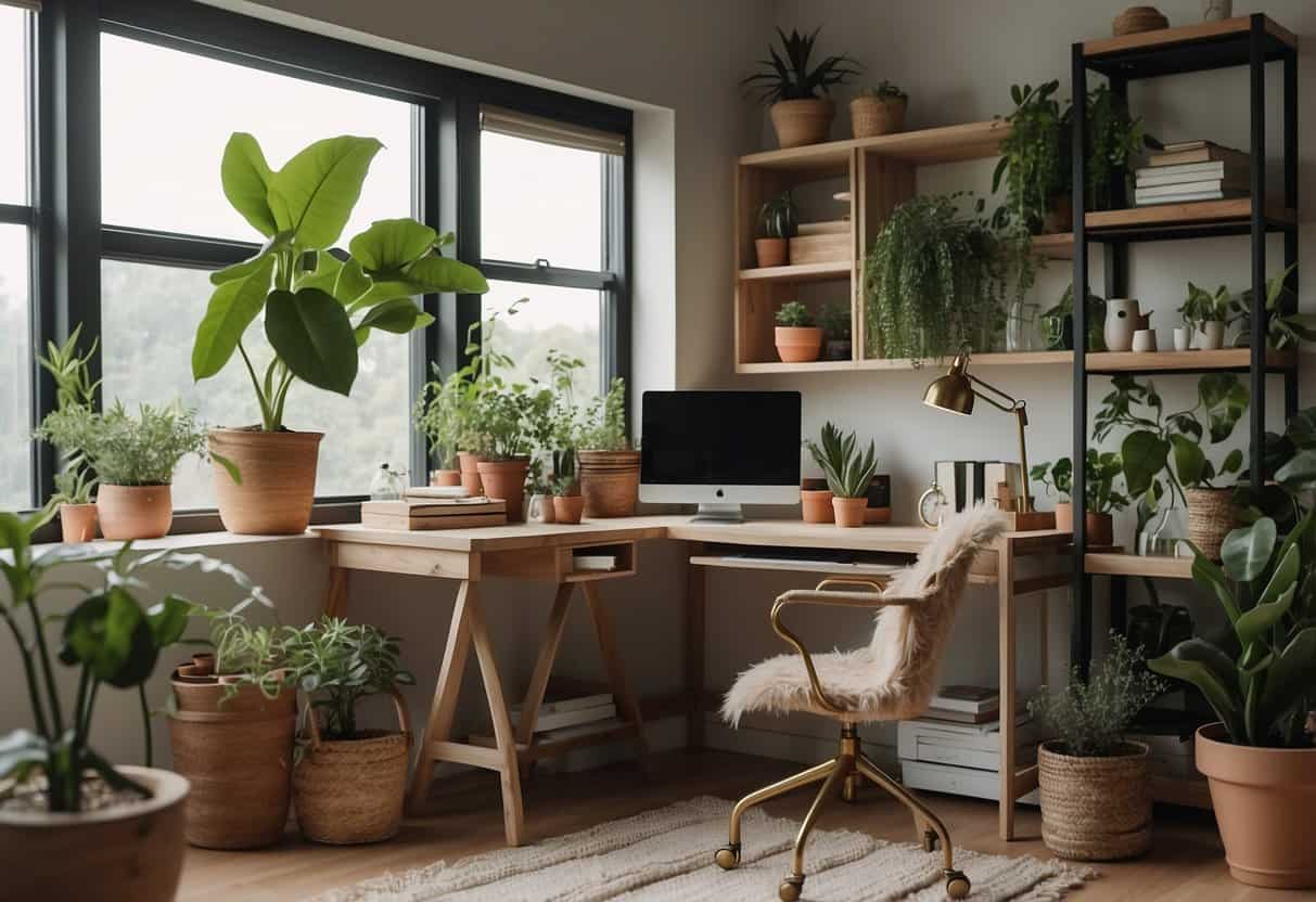 A small home office with budget-friendly decor ideas. Minimalist desk, shelves with plants, cozy rug, and natural light