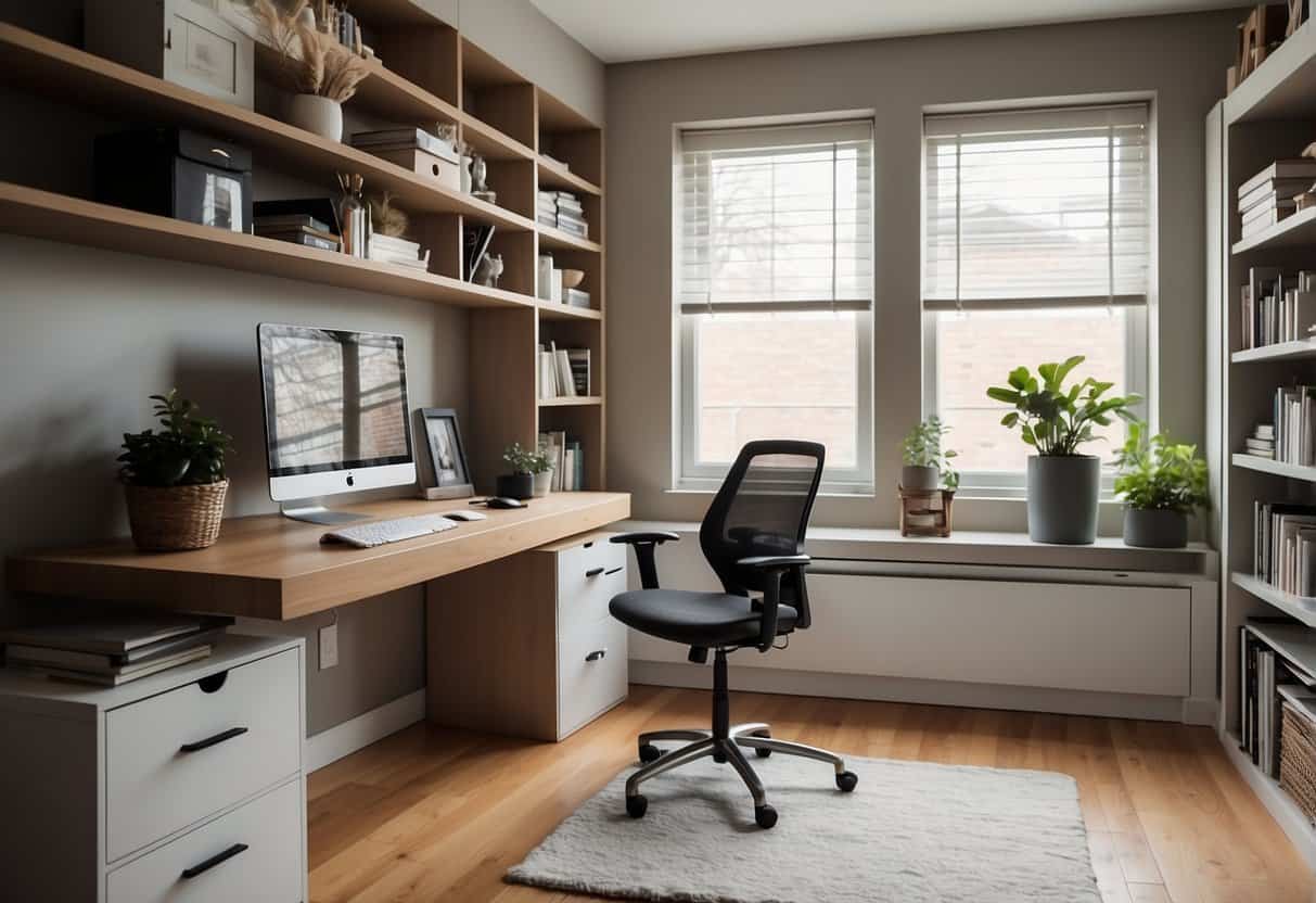 A cozy home office with a compact desk, wall-mounted shelves, and clever storage solutions. Natural light streams in through a window, illuminating the space. A minimalist color scheme creates a clean and organized atmosphere