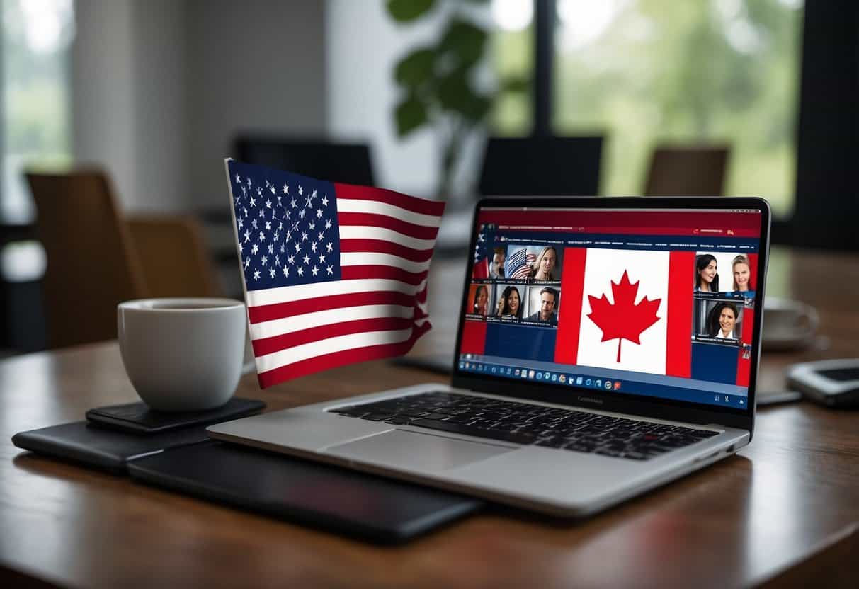 A Canadian flag and a US flag side by side, with a laptop displaying a virtual meeting between a Canadian and American colleague