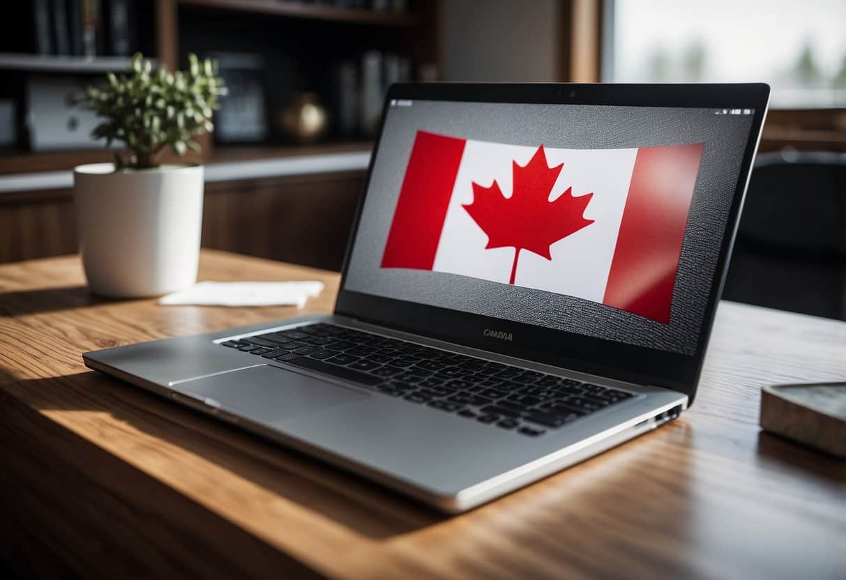 A laptop with a Canadian flag sticker sits on a desk in a home office. A map of the US hangs on the wall behind it