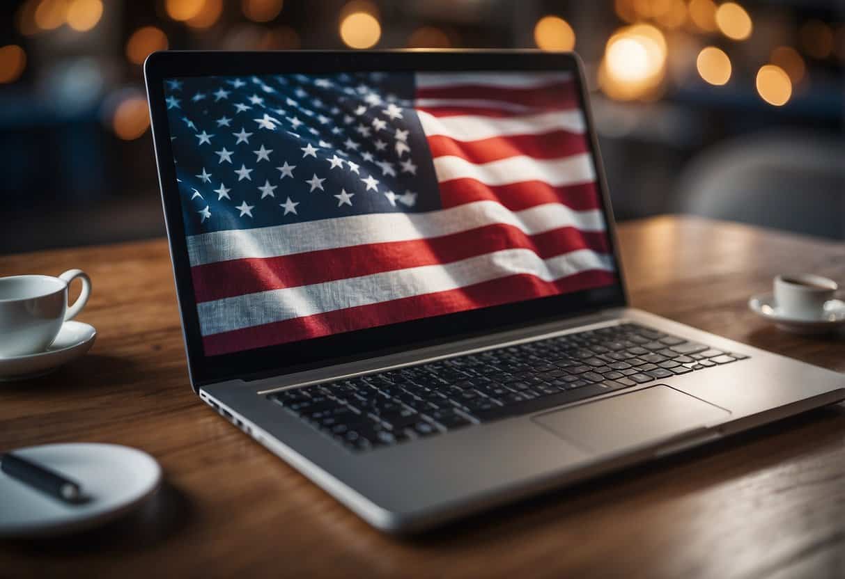 A laptop displaying a US and UK flag, with currency symbols floating around, representing financial considerations for cross-border employment