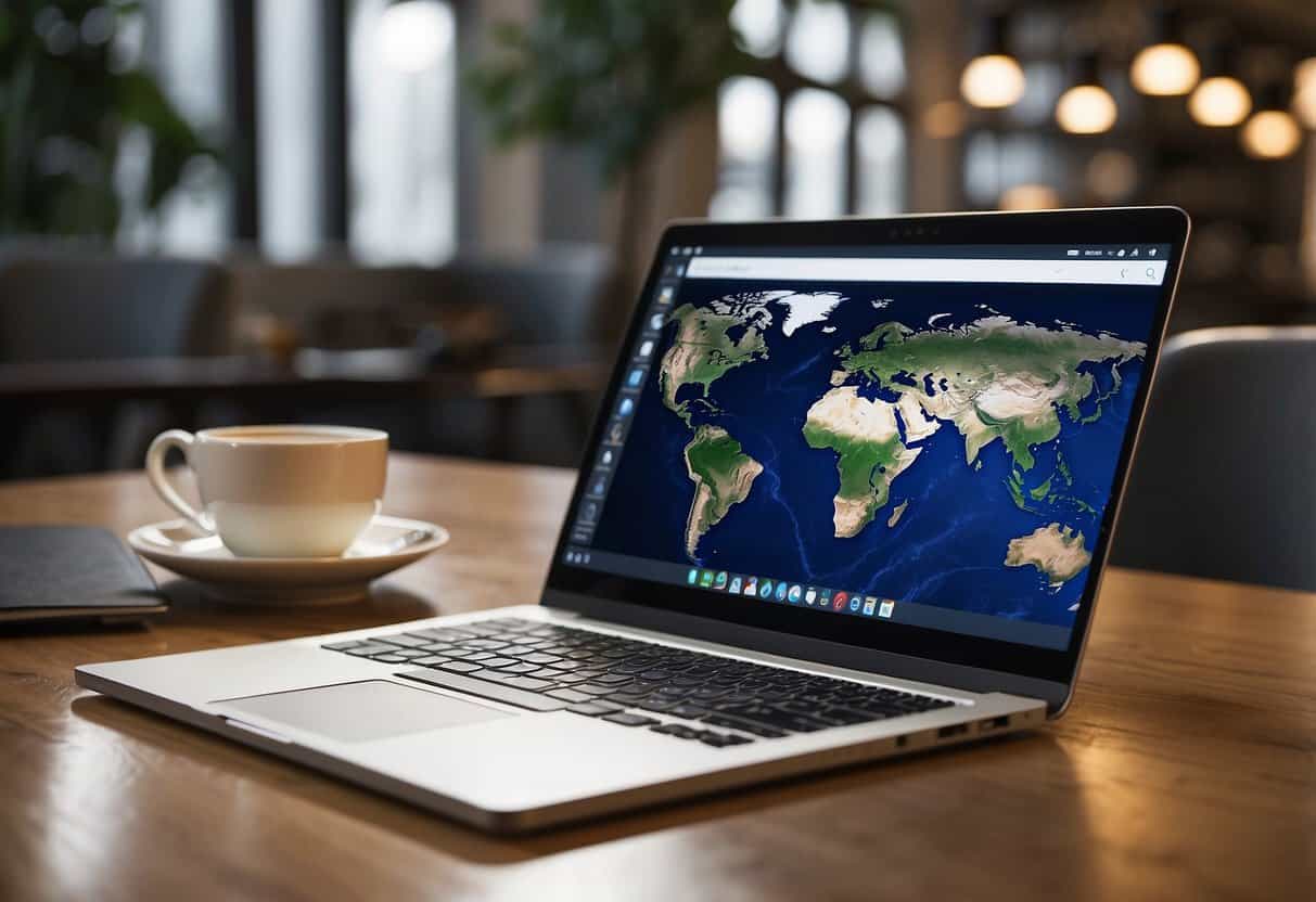 A laptop on a desk with a world map and legal documents, representing remote work abroad for a US citizen