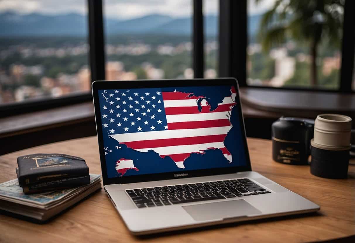 A laptop with a US flag sticker sits on a desk, surrounded by travel guides and a map of a foreign country