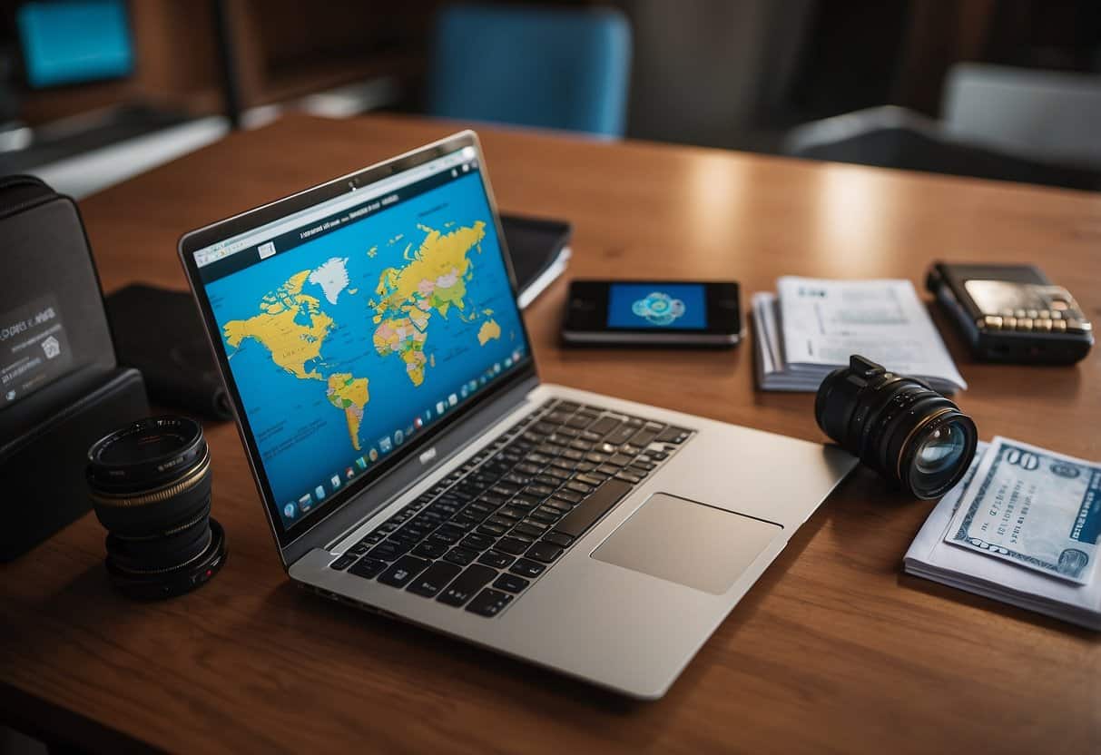 A laptop, passport, and currency from different countries on a desk, with a world map in the background