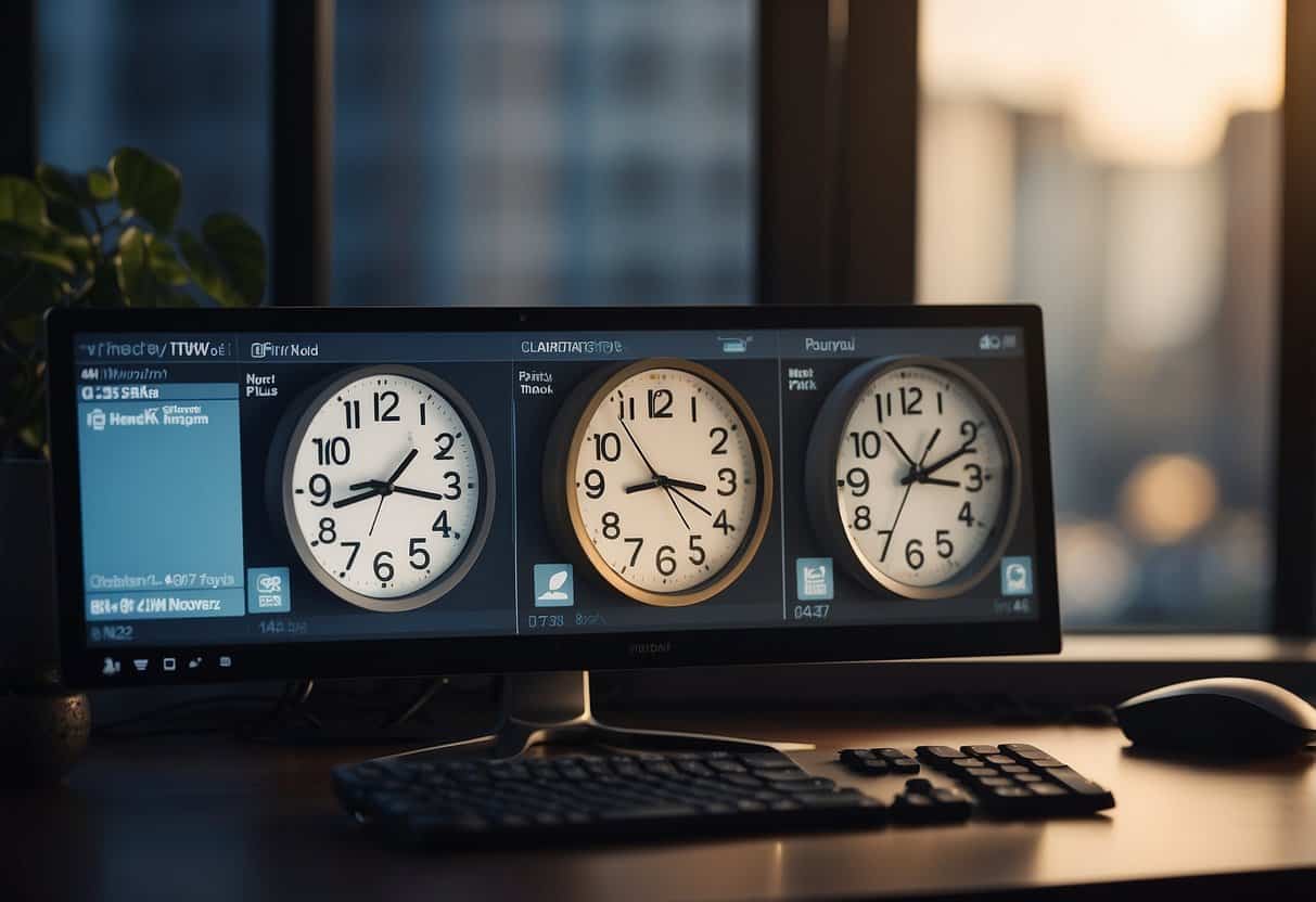 A computer screen with multiple chat windows open, a keyboard and mouse on a desk, and a clock showing different time zones
