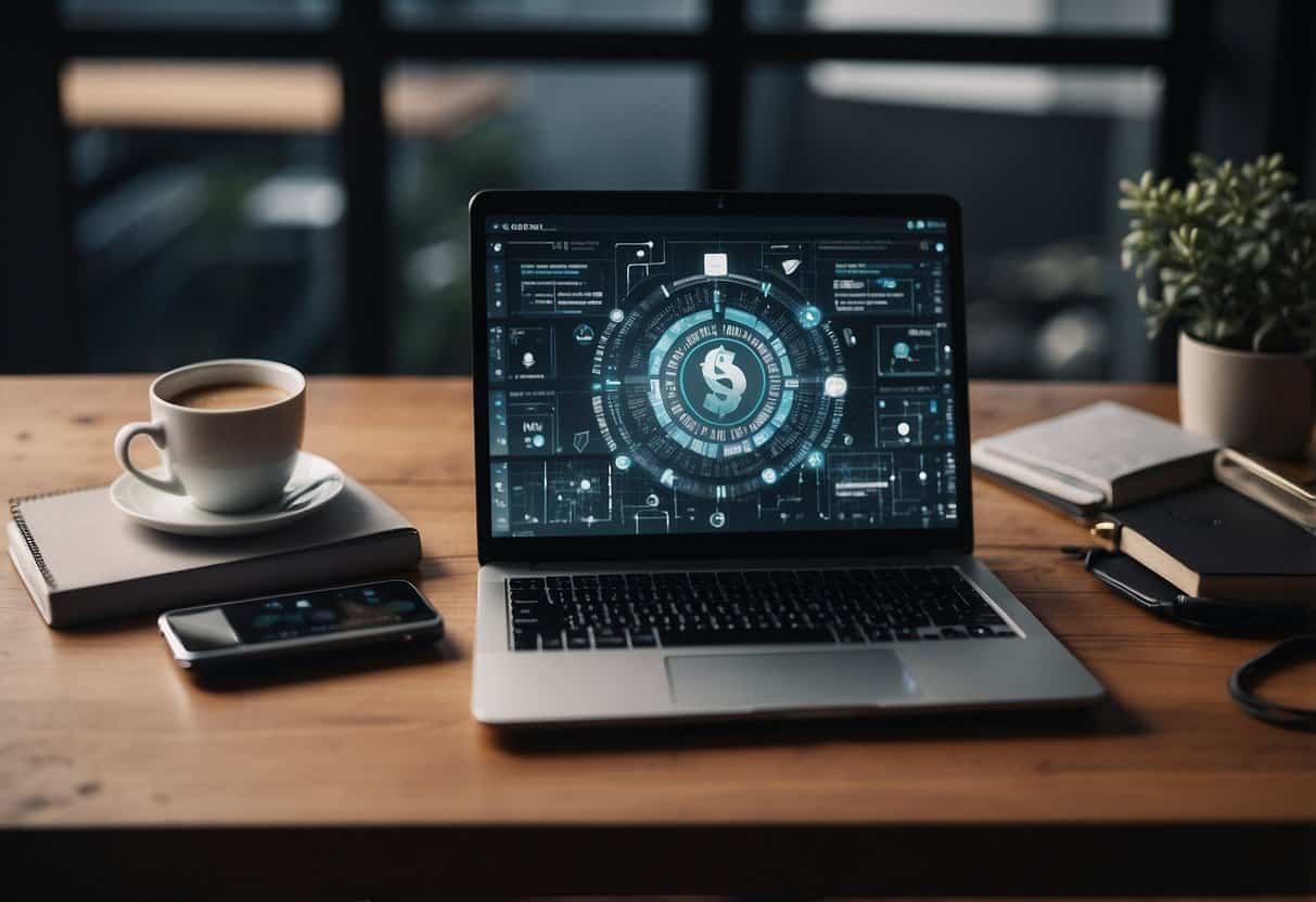 A laptop displaying AI algorithms managing side hustle tasks, while automated tools streamline processes