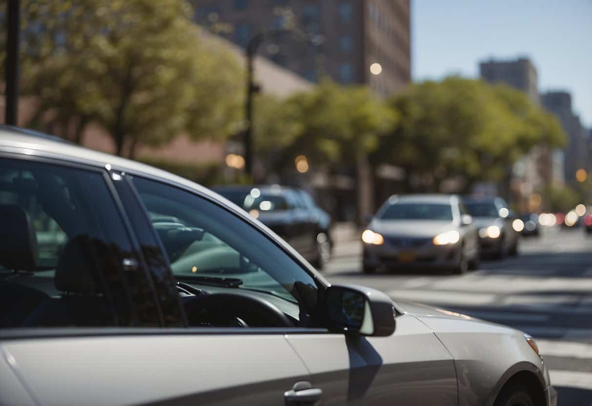 A rideshare driver navigating city streets, picking up and dropping off passengers, earning extra income