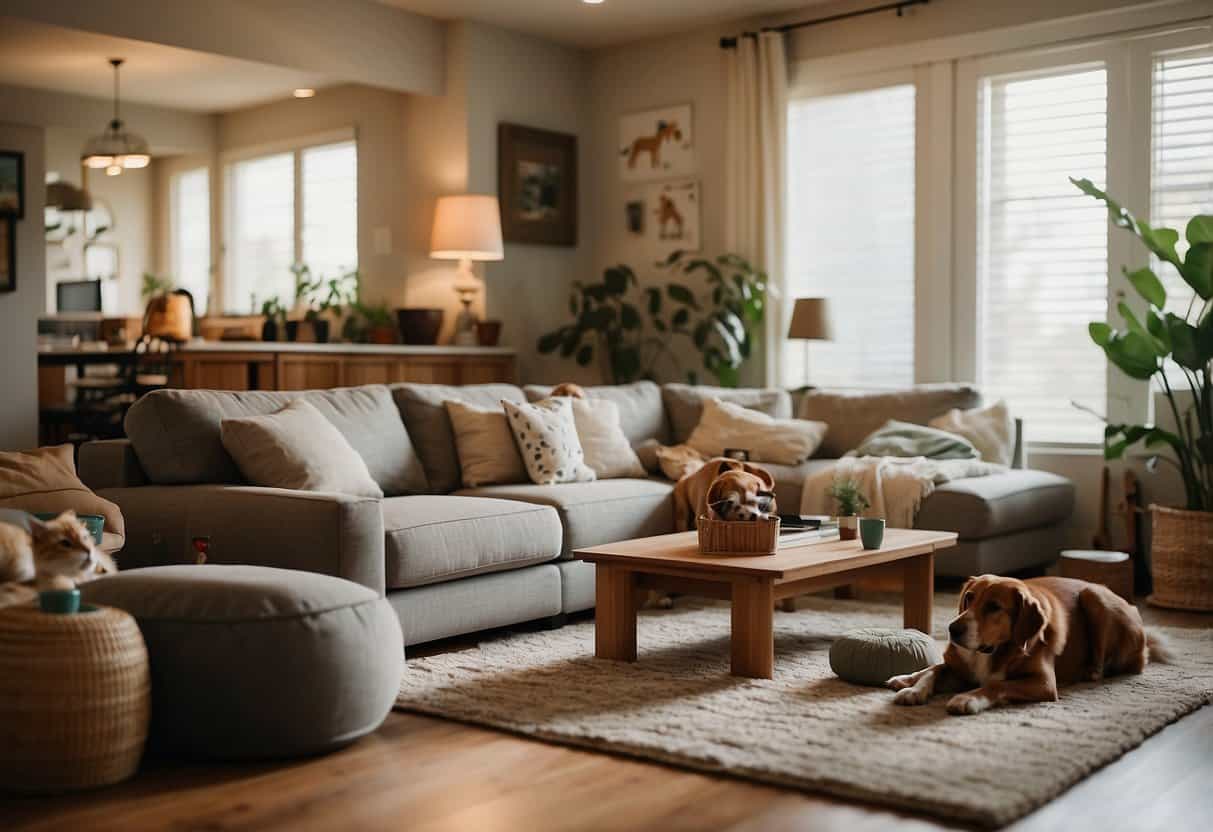 A cozy living room with various pets - dogs, cats, birds, and fish - being cared for by a pet sitter. Toys, food bowls, and cozy pet beds are scattered around the room