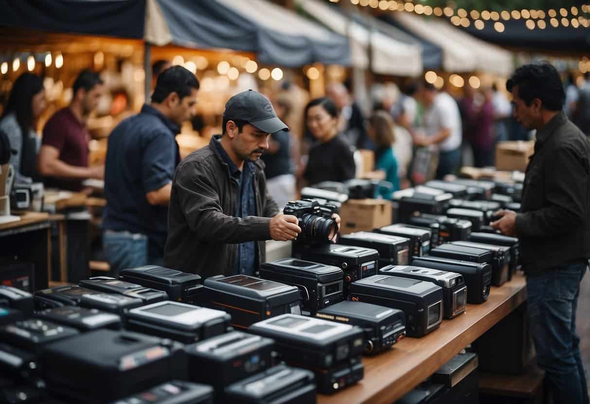 A bustling marketplace with various vendors selling photos, cameras, and computer equipment. Customers are browsing through the selection, while some vendors are engaged in negotiations