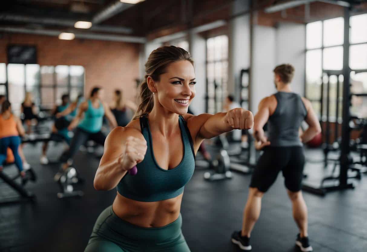 A fitness instructor leads a high-intensity workout, motivating participants with energetic cues and demonstrating proper form for exercises