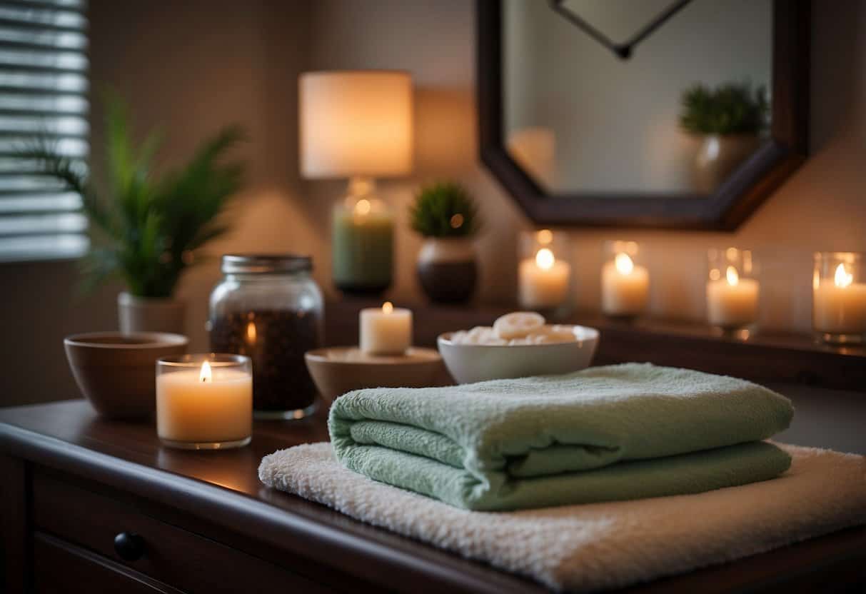 A massage therapist's workspace with a cozy massage table, soothing lighting, and calming decor. A clock on the wall shows the time, and a sign advertises the hourly rate of $40