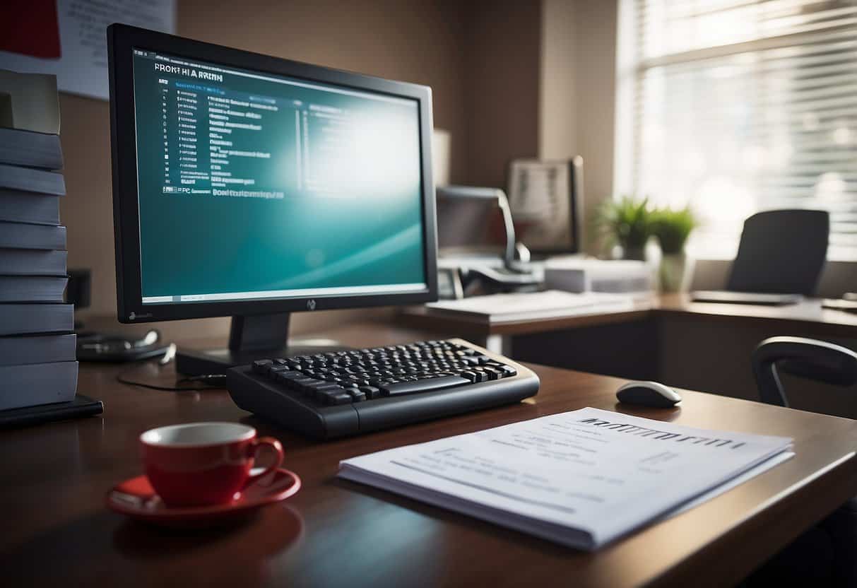 A desk with a computer, stack of papers, and red pen. A clock on the wall reads 9:00. A sign on the desk says "Proofreader - $40/hr."