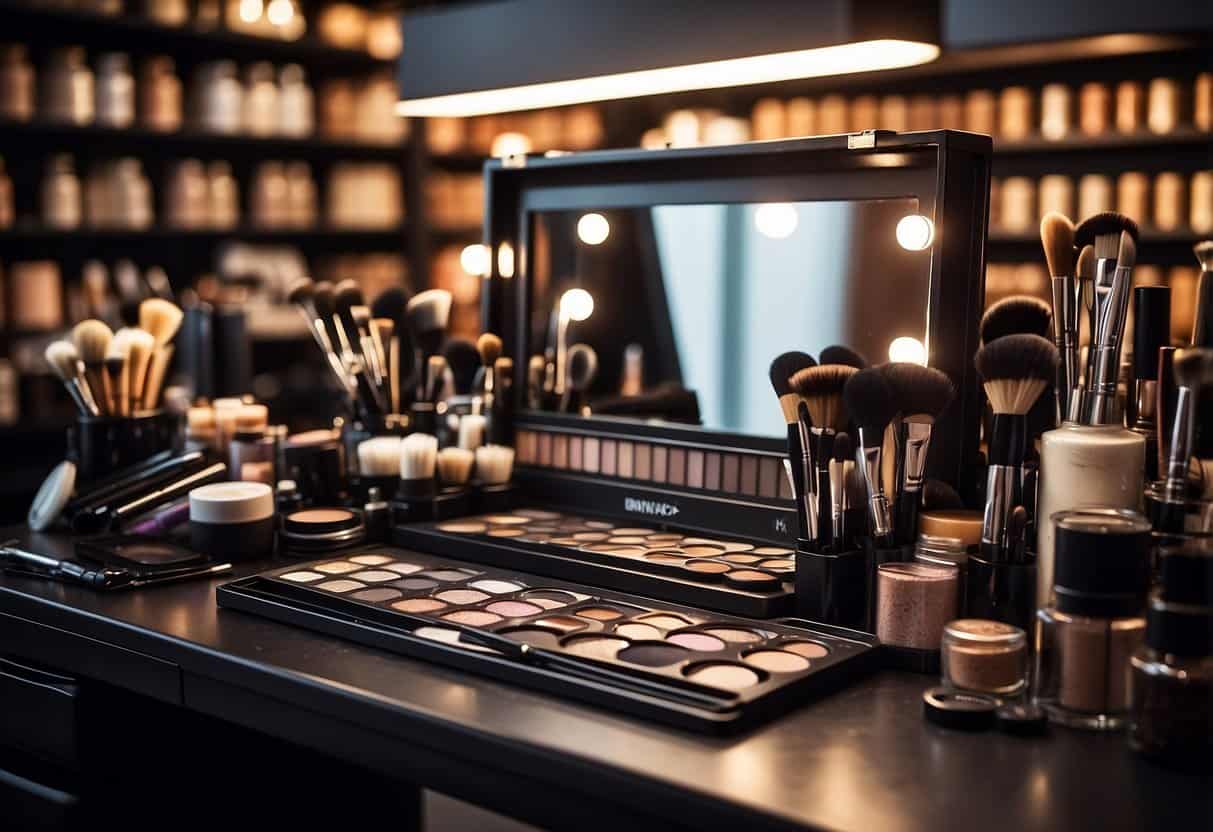 A makeup artist's workstation with brushes, palettes, and a mirror, surrounded by beauty products and a price sign indicating $40 per hour