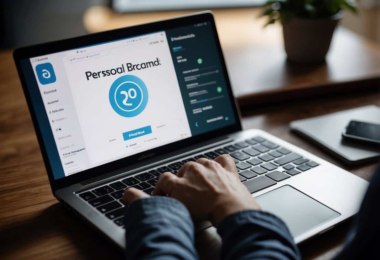 A person typing on a laptop with a "Personal Brand" logo on the screen. A clock showing 40/hr. A desk with branding materials and a notebook