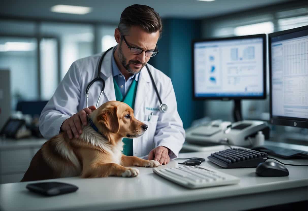 A veterinarian examining a dog in a well-lit clinic, surrounded by medical equipment and charts, with a computer displaying job listings for $40 an hour