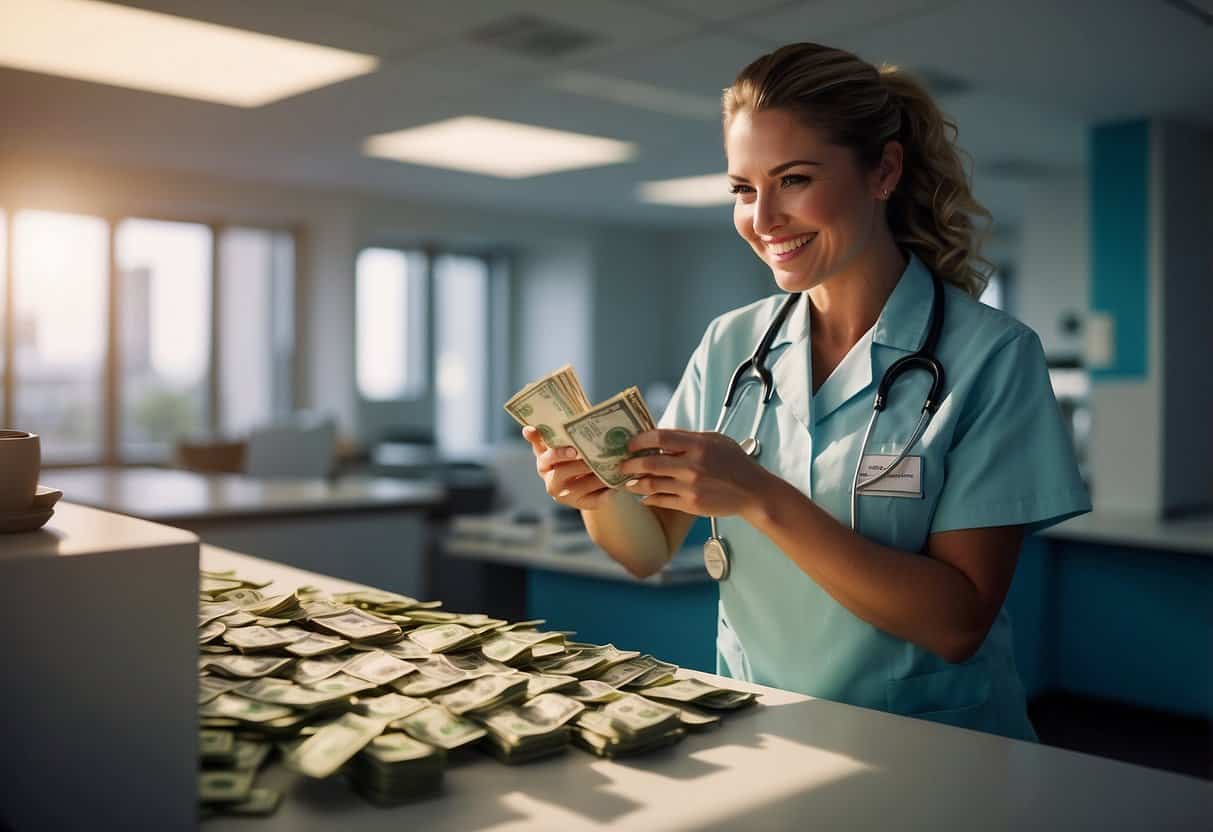 A nurse counting money, with a smile, in a brightly lit hospital office