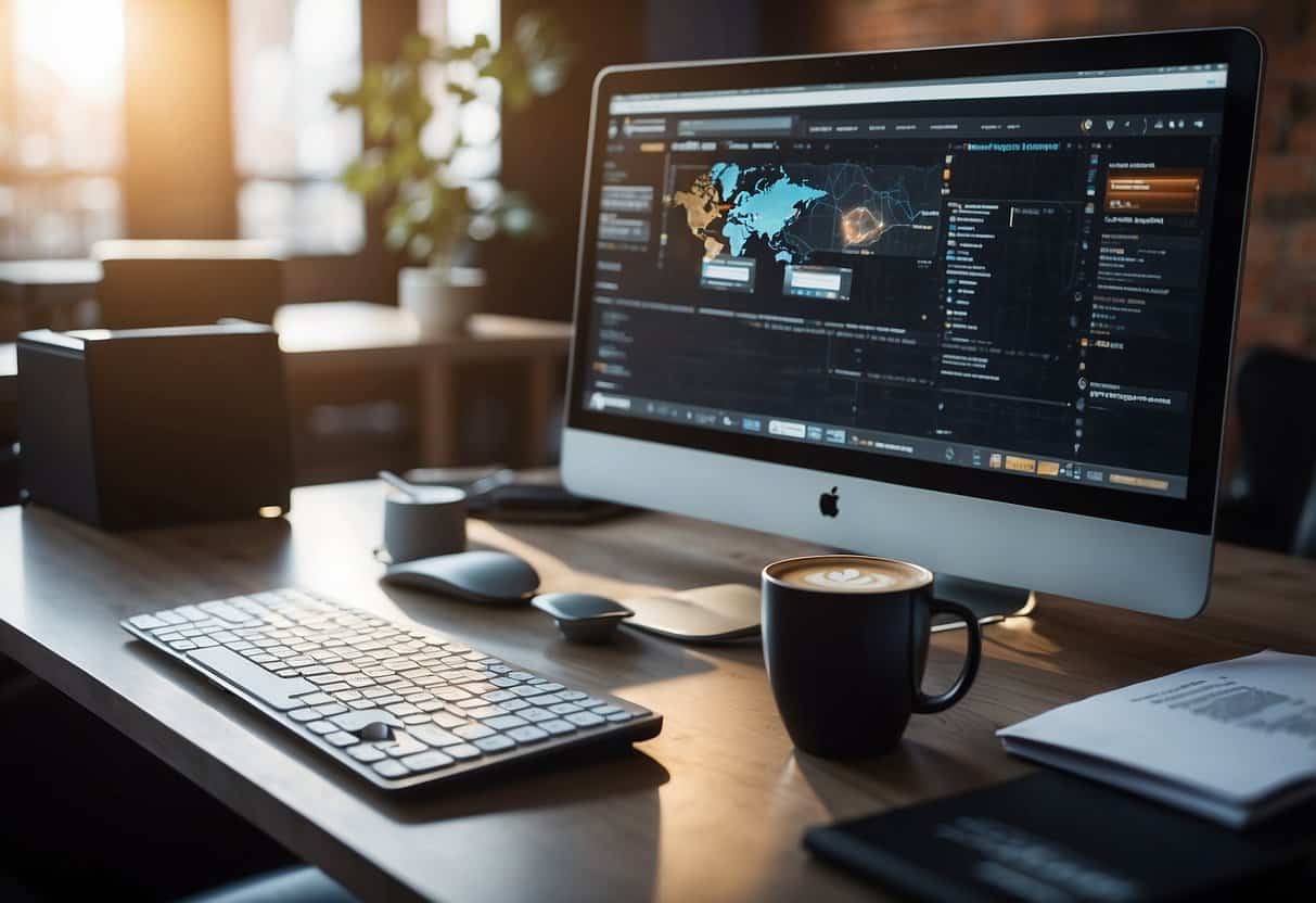 A computer with a web design software open, surrounded by a modern workspace with a desk, chair, and a cup of coffee