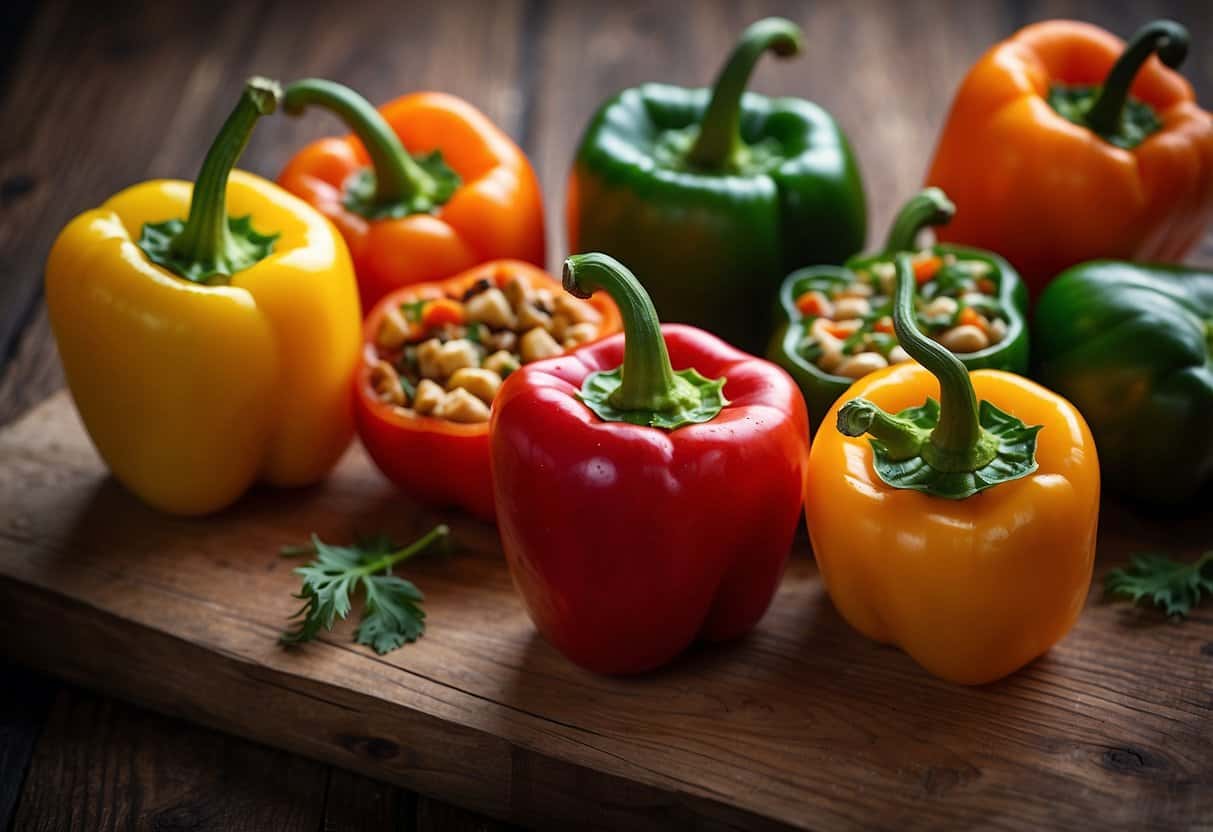 A colorful array of bell peppers, stuffed with a variety of meat-free fillings, arranged on a rustic wooden table