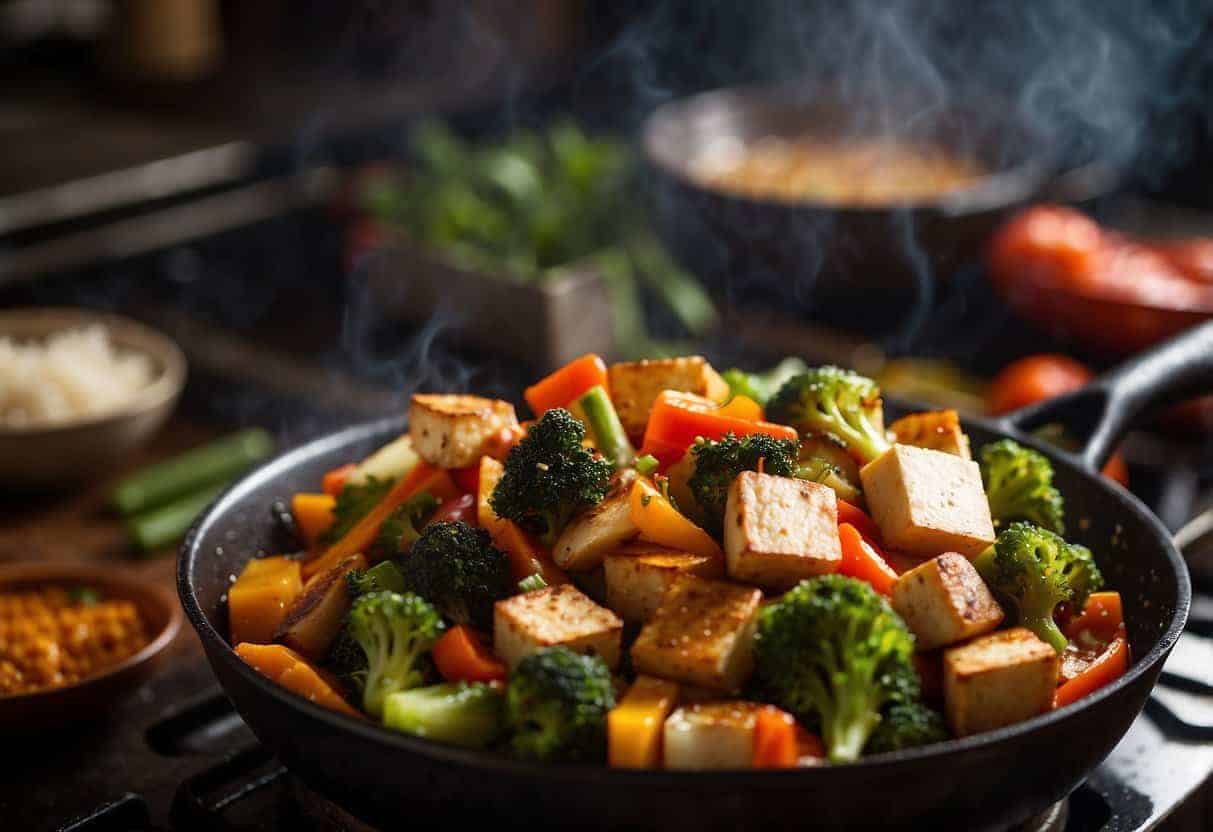 A colorful bowl filled with chickpeas, diced vegetables, and a tangy vinaigrette. A fork rests on the side. The background shows other meat-free lunch options