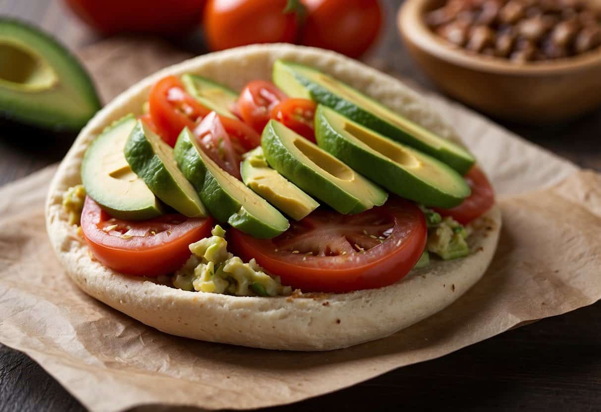 A whole wheat pita filled with sliced avocado and tomato, surrounded by other meat-free lunch options