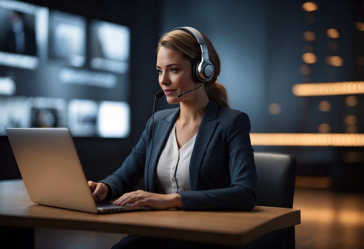 A virtual assistant typing on a laptop, speaking confidently on a headset, with a list of top 10 communication skills displayed on the screen