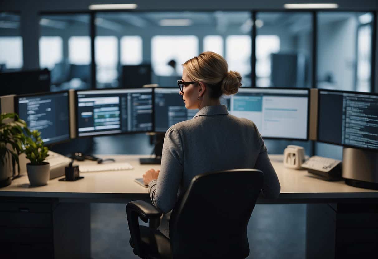 A virtual assistant sits alone at a desk, surrounded by computer screens and paperwork. They appear focused but isolated from any team culture