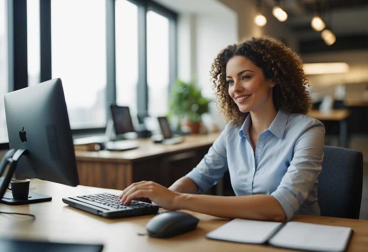 A virtual assistant sitting at a desk, typing on a computer, with a phone and notebook nearby. The room is organized and well-lit, creating a professional and efficient work environment