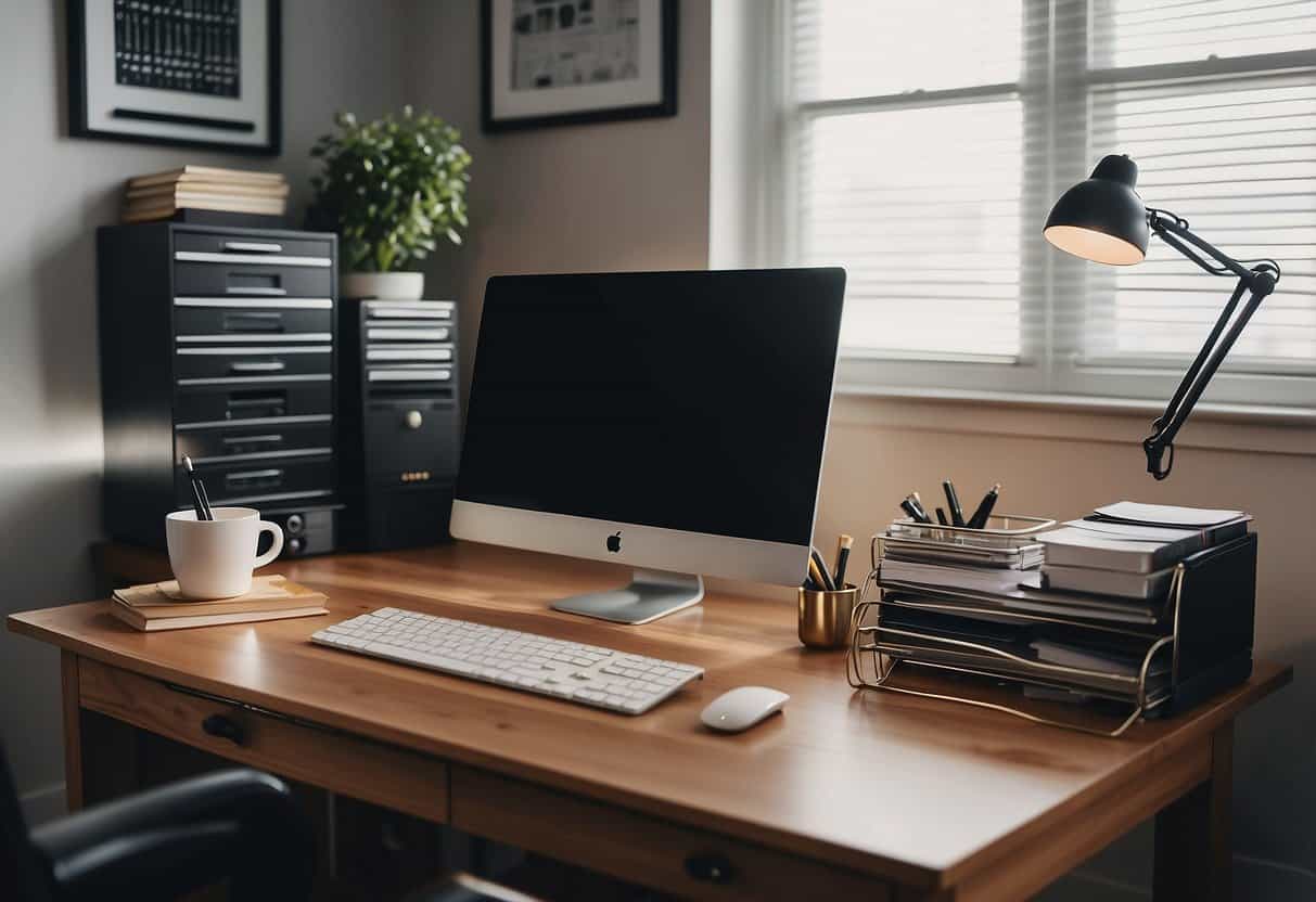 A clutter-free home office with a computer, phone, and organized files. A virtual assistant multitasking efficiently, saving on office expenses