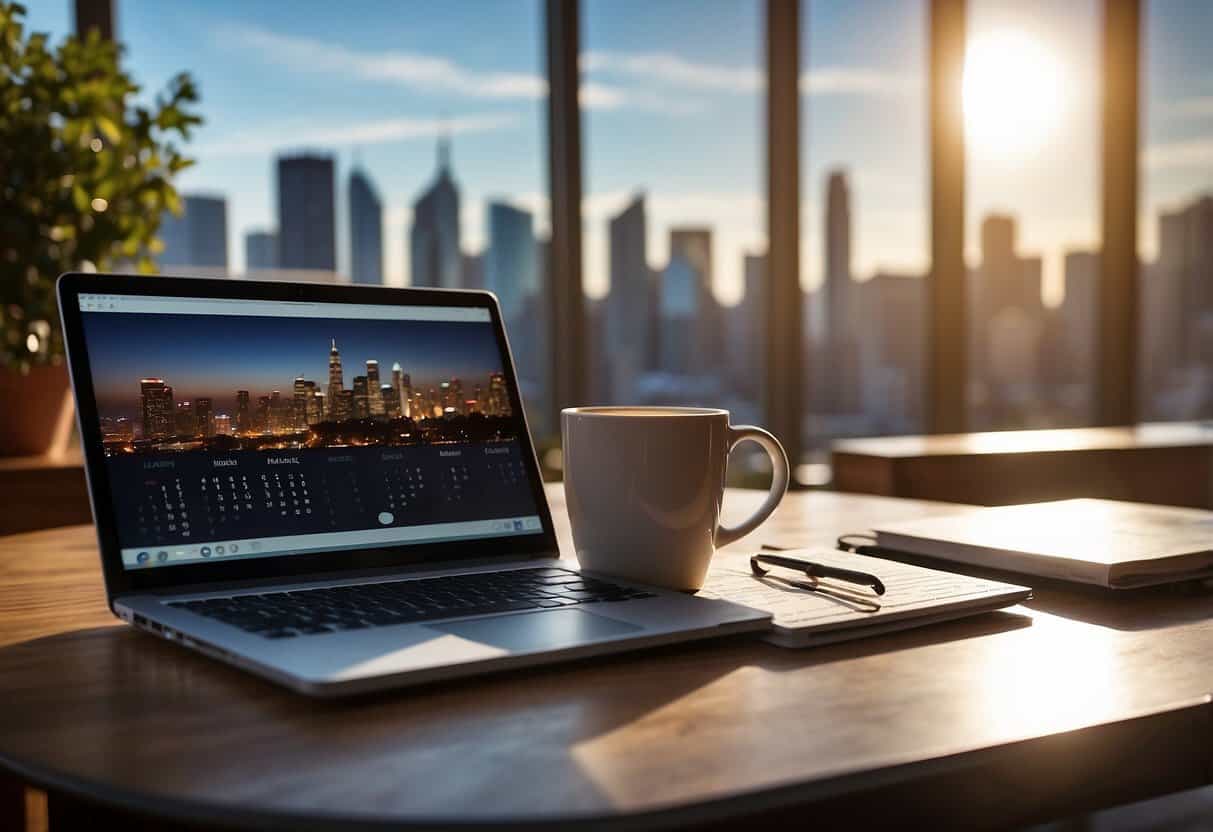 A laptop, coffee mug, and notebook on a table with a view of a city skyline through a window. A calendar and to-do list on the wall